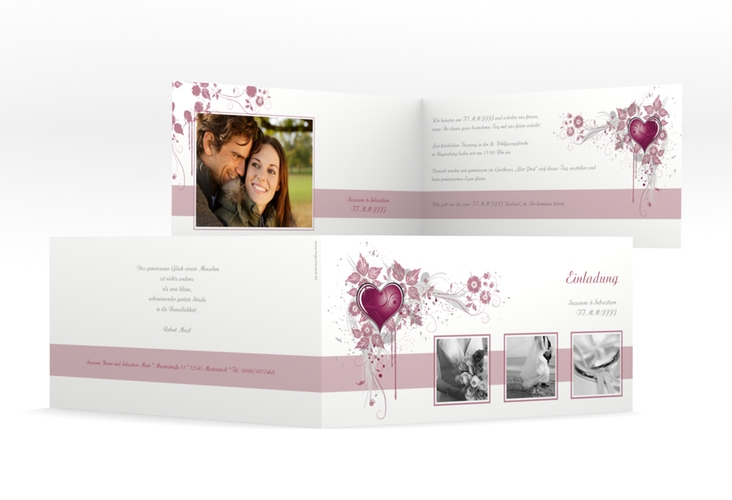 Hochzeitseinladung Triest lange Klappkarte quer pink hochglanz