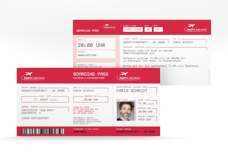 Einladung 50. Geburtstag Boardingpass lange Karte quer rot hochglanz