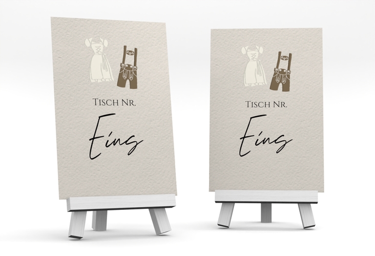 Tischnummer Hochzeit Trachtenhochzeit Tischaufsteller beige mit Dirndl und Lederhose