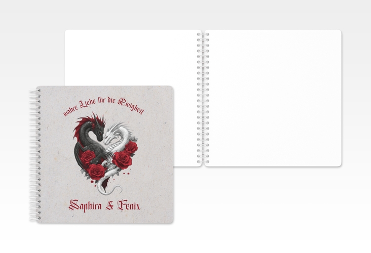 Gästebuch Hochzeit Drachenliebe Ringbindung grau mit schwarzem und weißem Drachen zu einem Herz verschlungen