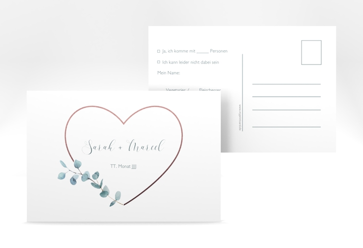 Antwortkarte Hochzeit Greenheart A6 Postkarte rosa hochglanz mit elegantem Herz und Eukalyptus-Zweig
