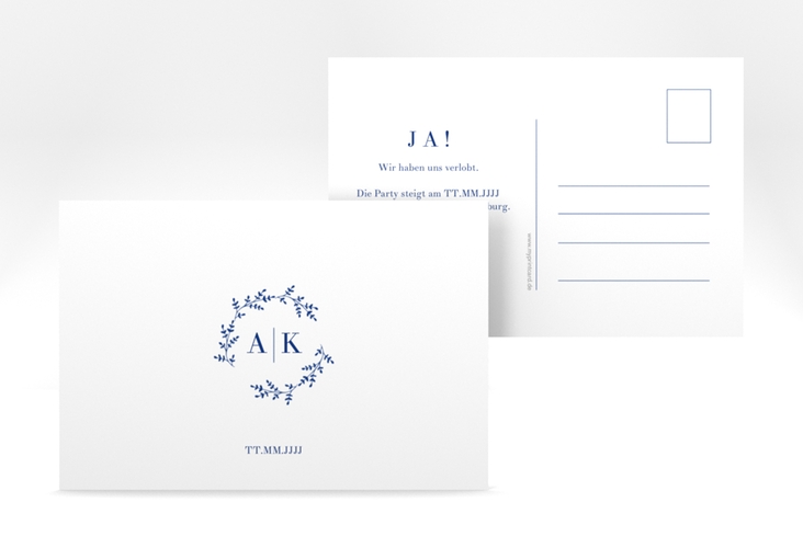 Verlobungskarte Hochzeit Filigrana A6 Postkarte blau in reduziertem Design mit Initialen und zartem Blätterkranz