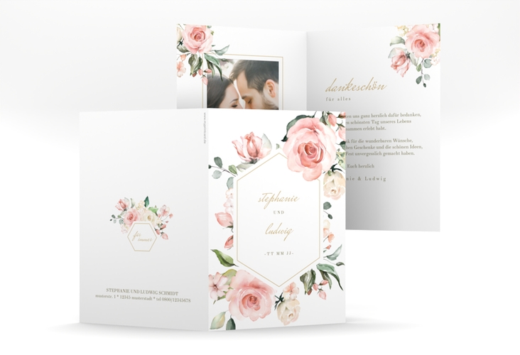 Danksagungskarte Hochzeit Graceful A6 Klappkarte hoch weiss mit Rosenblüten in Rosa und Weiß