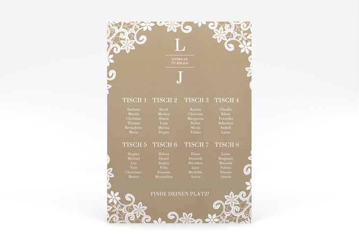 Sitzplan Poster Hochzeit Bella 50 x 70 cm Poster Kraftpapier mit weißer Brautspitze um Initialen