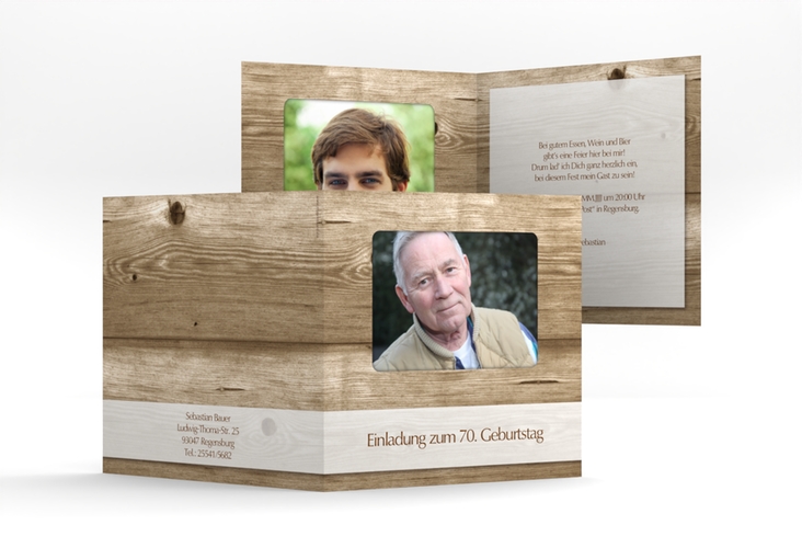 Einladung 70. Geburtstag Michael/Michaela quadr. Klappkarte im rustikalen Holz-Design mit Foto