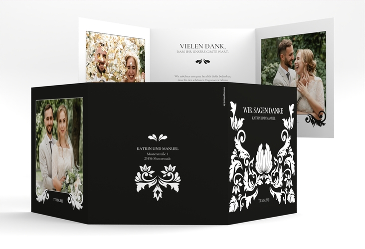 Dankeskarte Hochzeit Royal quadr. Doppel-Klappkarte schwarz mit barockem Blumen-Ornament