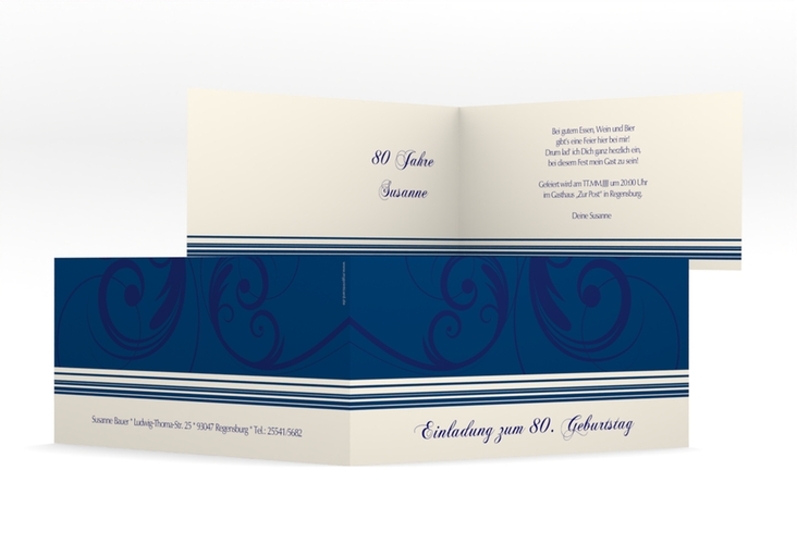 Einladung 80. Geburtstag Katharina lange Klappkarte quer blau hochglanz
