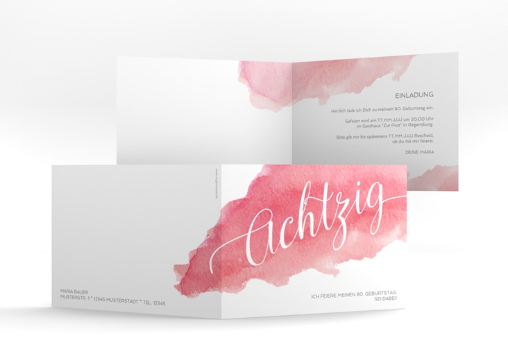 Einladung 80. Geburtstag Aquarell A6 Klappkarte quer mit erhobenem Skelett-Mittelfinger