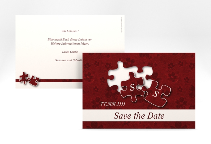 Save the Date-Karte Hochzeit Ravensburg A6 Karte quer rot mit zwei Puzzleteilen