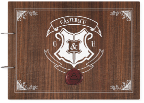 Klick: Details zu Gästebuch Holzcover Nussbaum "Zauberkunst" anzeigen Gästebuch Holzcover Nussbaum Zauberkunst Holz-Cover, bedruckt beige mit Fantasy-Wappen, Siegel und Zauberschule