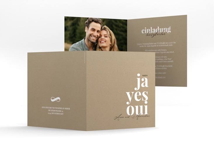 Hochzeitseinladung Oui quadr. Klappkarte mit Ja-Wort in verschiedenen Sprachen