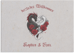 Willkommensschild Leinwand Drachenliebe 70 x 50 cm Leinwand grau mit schwarzem und weißem Drachen zu einem Herz verschlungen