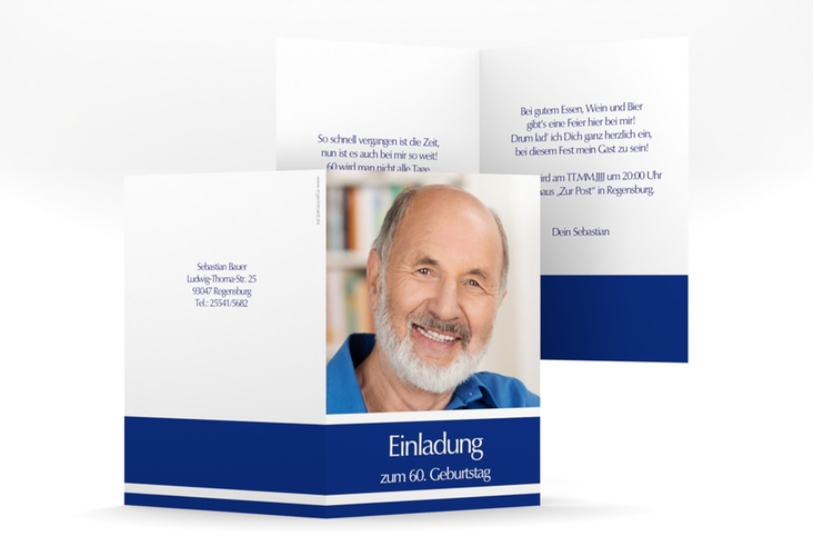 Einladung 60. Geburtstag Gerd/Gerda A6 Klappkarte hoch blau mit Foto