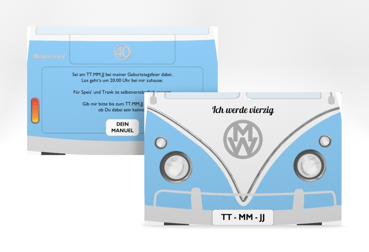 Einladung 40. Geburtstag Bulli Bus A6 Karte quer blau hochglanz