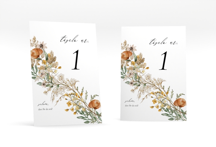Tischnummer Hochzeit Wildfang Tischaufsteller weiss mit getrockneten Wiesenblumen