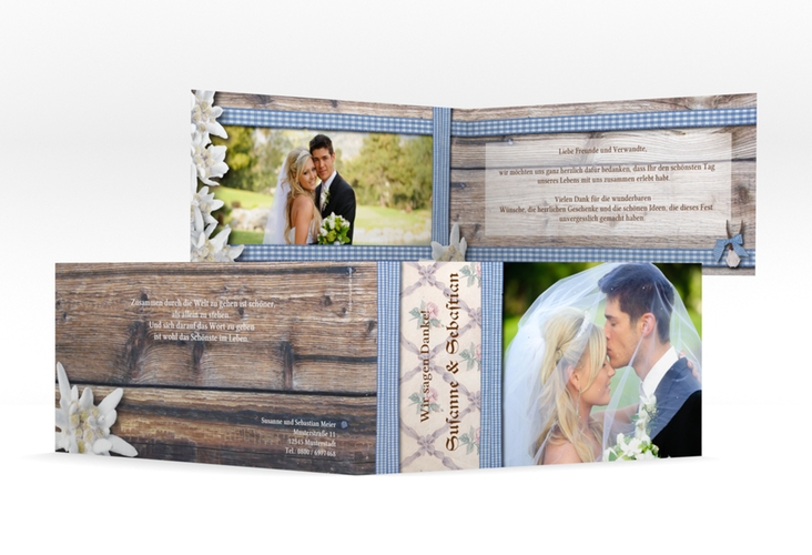 Danksagungskarte Hochzeit Bayern lange Klappkarte quer mit Edelweiß in rustikaler Holz-Optik