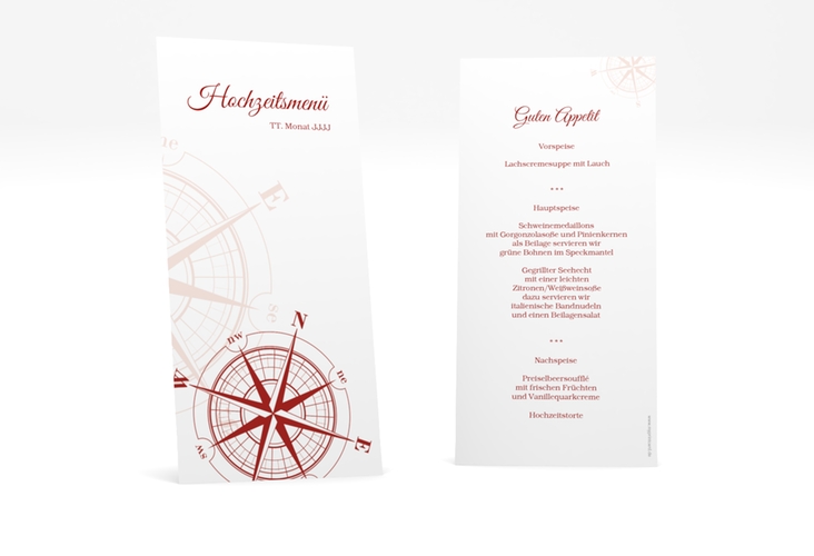 Menükarte Hochzeit Windrose lange Karte hoch rot hochglanz