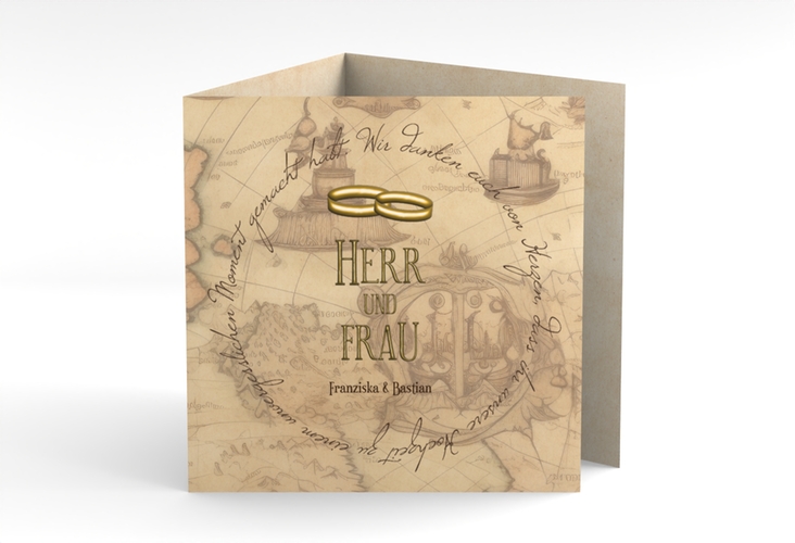 Dankeskarte Hochzeit Zwei Ringe quadr. Doppel-Klappkarte beige hochglanz mit Eheringen und Fantasy-Landkarte
