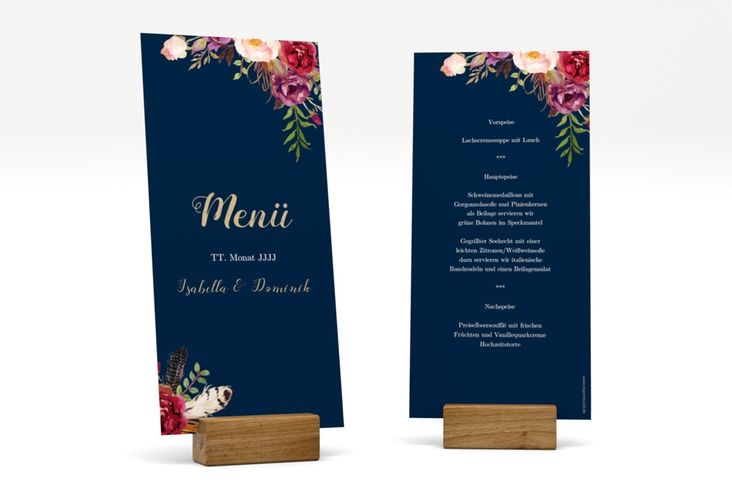 Menükarte Hochzeit Flowers lange Karte hoch blau mit bunten Aquarell-Blumen