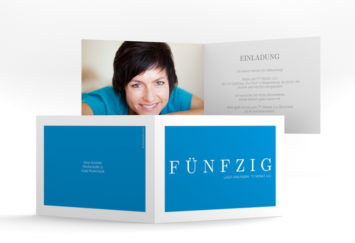 Einladung 50. Geburtstag Schlicht A6 Klappkarte quer blau