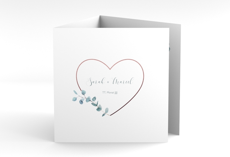 Danksagungskarte Hochzeit Greenheart quadr. Doppel-Klappkarte rosa mit elegantem Herz und Eukalyptus-Zweig