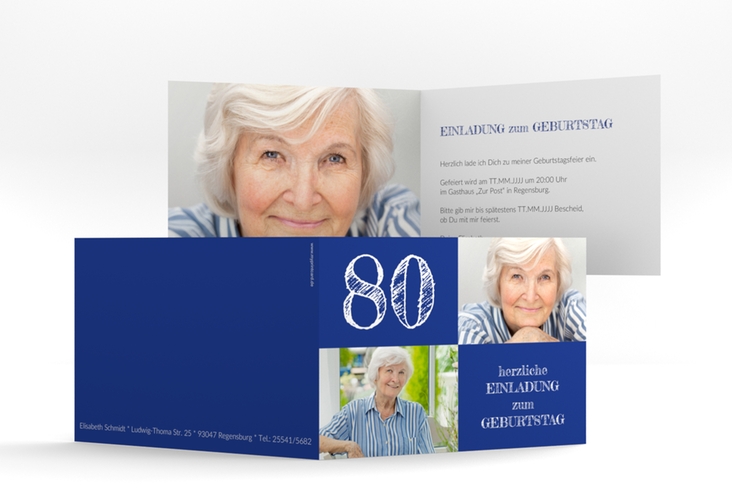 Einladung 80. Geburtstag Lebensfreude A6 Klappkarte quer blau hochglanz