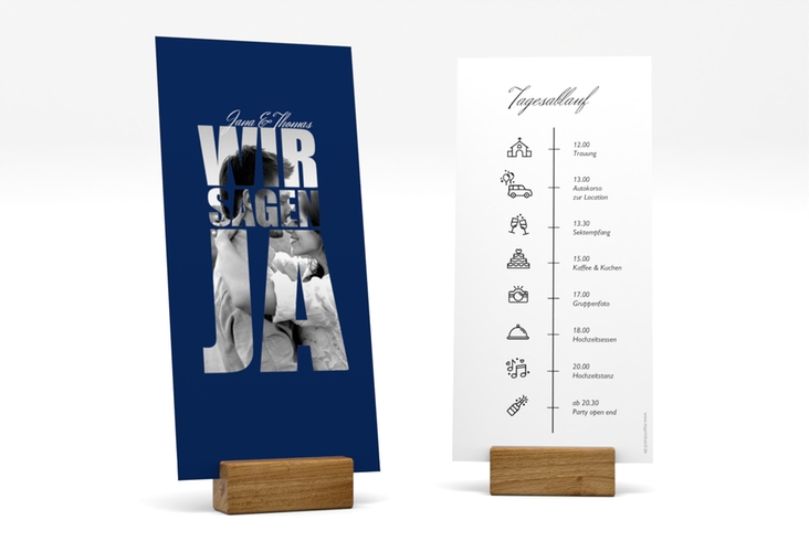Tagesablauf Hochzeit Letters lange Karte hoch blau
