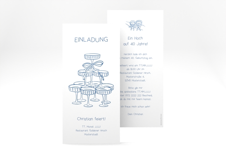 Einladung Geburtstag Sektpyramide lange Karte hoch blau mit einfacher Illustration in Dunkelblau