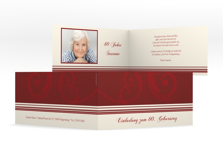 Einladung 80. Geburtstag Katharina lange Klappkarte quer rot hochglanz