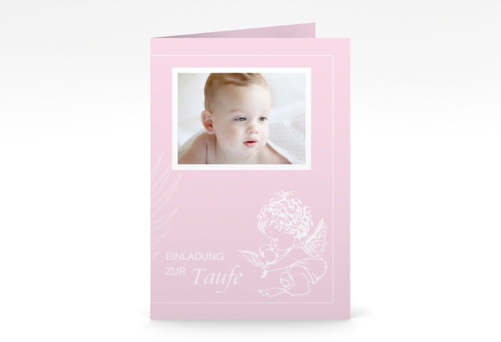 Einladungskarte Taufe Angel A6 Klappkarte hoch rosa hochglanz