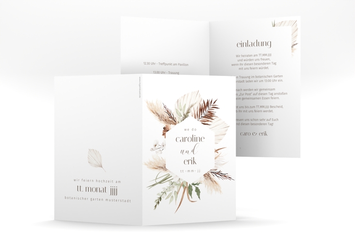 Einladungskarte Hochzeit Bohemian A6 Klappkarte hoch weiss mit Gräsern und Trockenblumen für Boho-Hochzeit