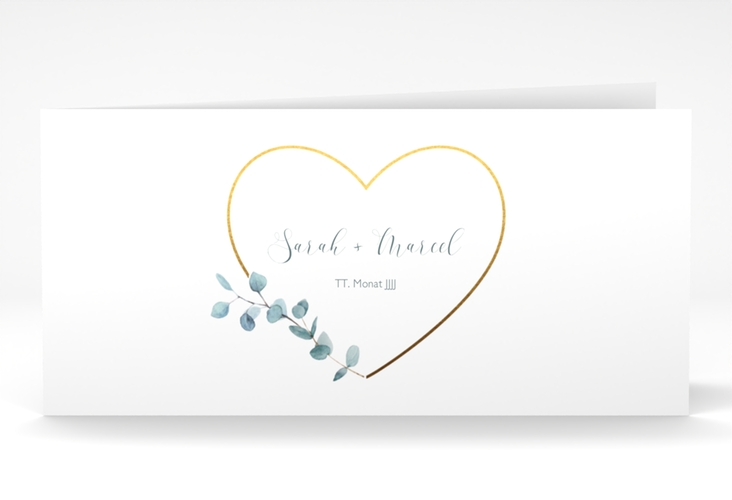 Danksagungskarte Hochzeit Greenheart lange Klappkarte quer mit elegantem Herz und Eukalyptus-Zweig