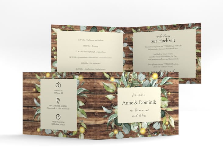 Hochzeitseinladung Greenwood A6 Klappkarte quer braun hochglanz im Greenery-Design mit Holz, Eukalyptus und Immergrün