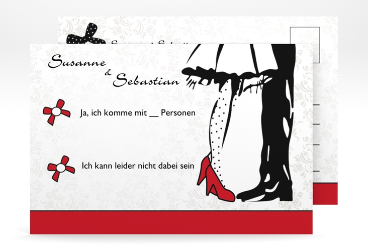 Antwortkarte Hochzeit Straßburg A6 Postkarte hochglanz mit Rockabilly-Brautpaar
