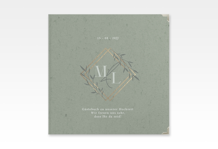 Gästebuch Selection Hochzeit Greenletter Leinen-Hardcover gruen mit Initialen in elegantem Goldrahmen mit Blättern