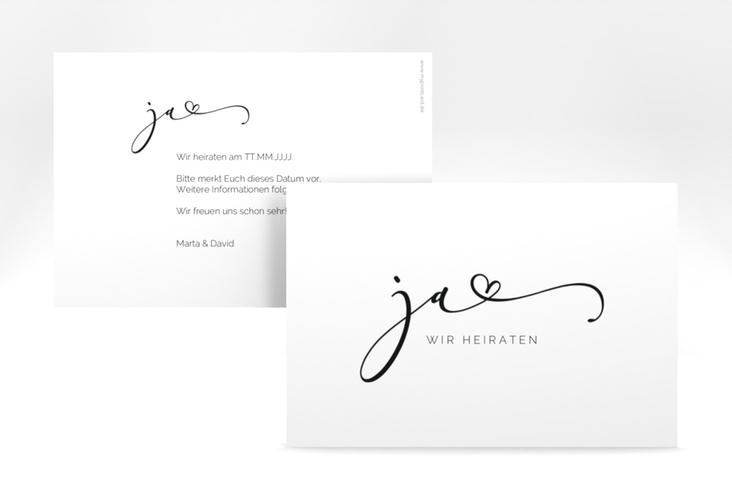 Save the Date-Karte Jawort A6 Karte quer weiss hochglanz modern minimalistisch mit veredelter Aufschrift