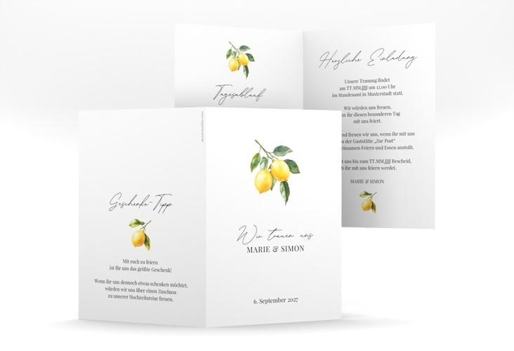 Einladungskarte Hochzeit Zitronen A6 Klappkarte hoch für mediterrane Zitrushochzeit