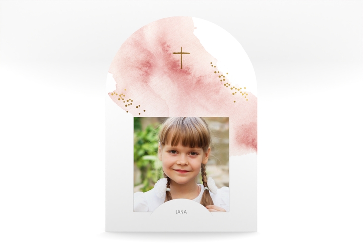 Einladung Kommunion Sakrament mittlere Bogen-Karte + Foto rosa in elegantem Aquarell-Look