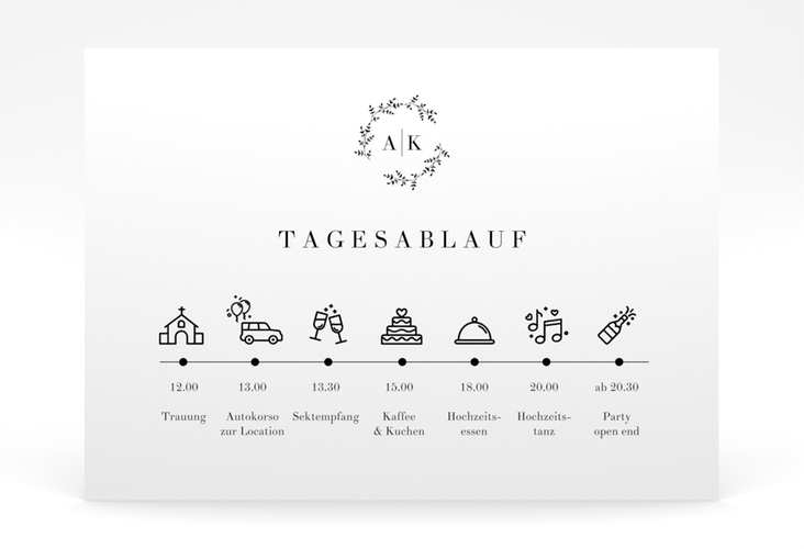 Tagesablauf Poster Hochzeit Filigrana 70 x 50 cm Poster in reduziertem Design mit Initialen und zartem Blätterkranz
