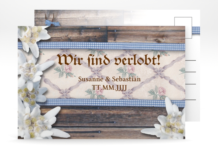 Verlobungskarte Hochzeit Bayern A6 Postkarte blau mit Edelweiß in rustikaler Holz-Optik