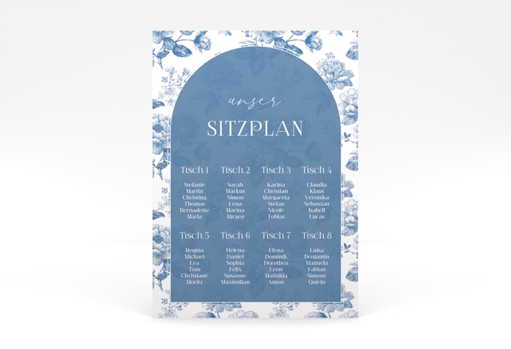 Sitzplan Poster Hochzeit Blue Floral 50 x 70 cm Poster blau mit blauem Blumenmuster auf weißem Grund