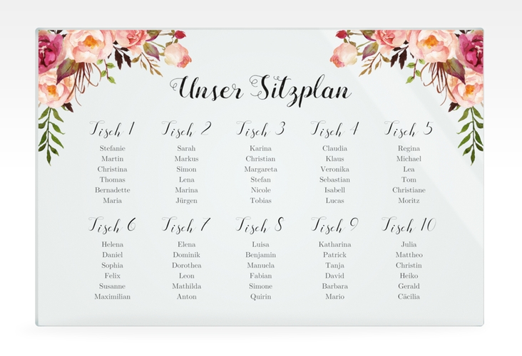 Sitzplan Acryl Hochzeit Flowers 60 x 40 cm Acryl weiss mit bunten Aquarell-Blumen