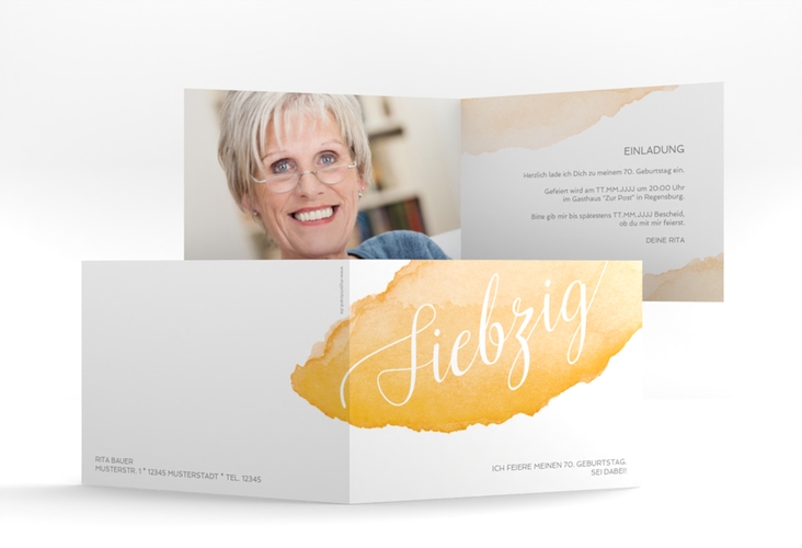 Einladung 70. Geburtstag Aquarell A6 Klappkarte quer gelb