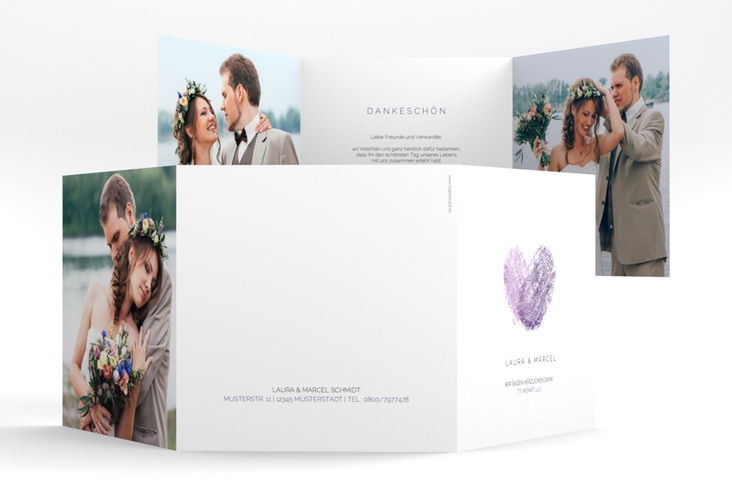 Dankeskarte Hochzeit "Fingerprint" quadr. Doppel-Klappkarte lila schlicht mit Fingerabdruck-Motiv