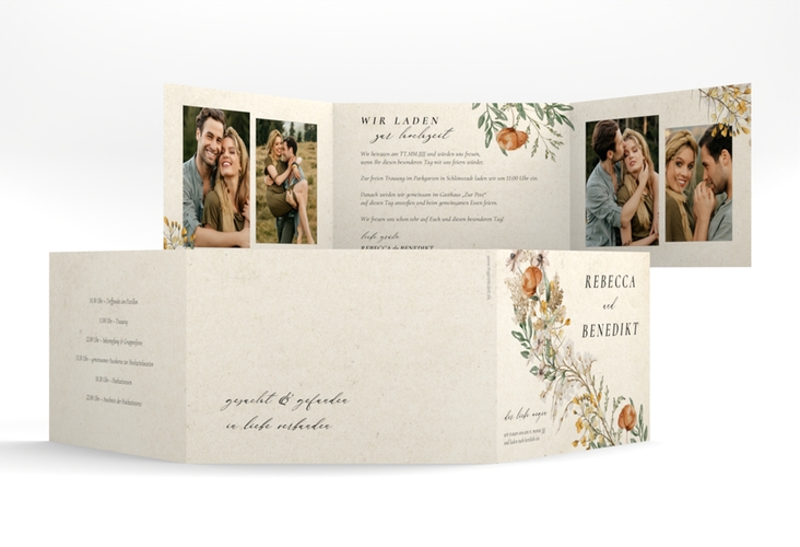 Hochzeitseinladung Wildfang A6 Doppel-Klappkarte beige hochglanz mit getrockneten Wiesenblumen