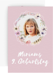 Einladungskarte Kindergeburtstag Blumenzauber A6 Karte hoch rosa mit Foto und zarten Blüten