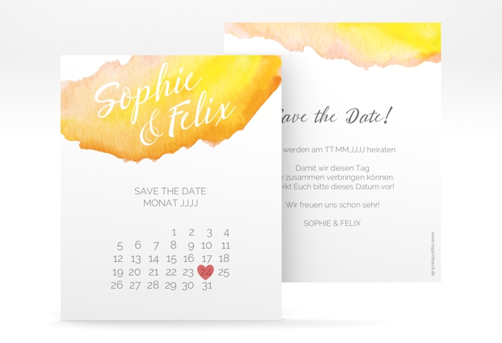 Save the Date-Kalenderblatt Aquarella Kalenderblatt-Karte gelb