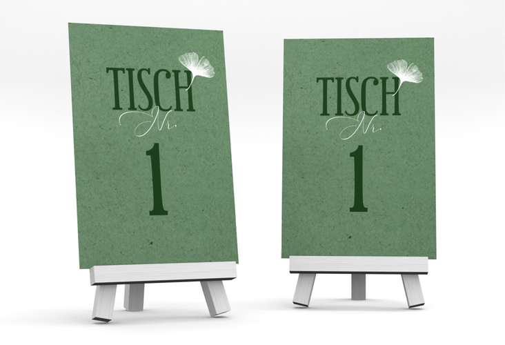 Tischnummer Hochzeit Ja Tischaufsteller gruen mit Ginkgo-Blatt