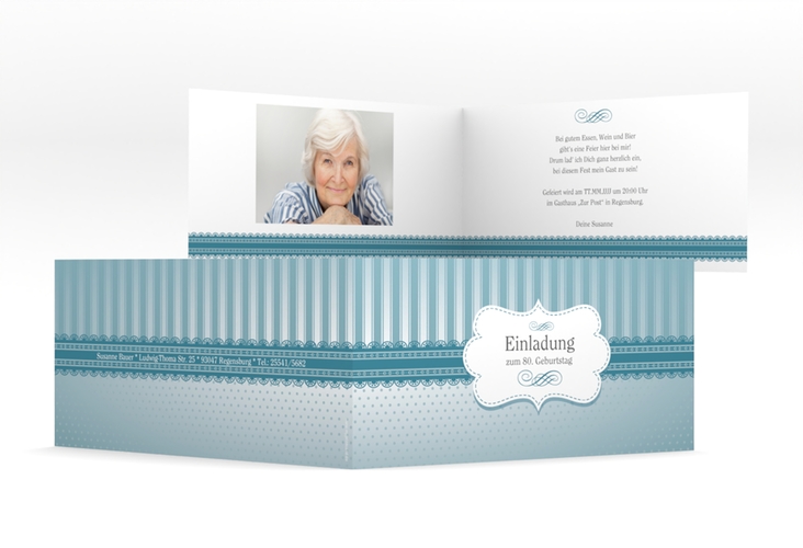 Einladung 80. Geburtstag Heinrich/Henriette lange Klappkarte quer blau mit frechen Polka Dots