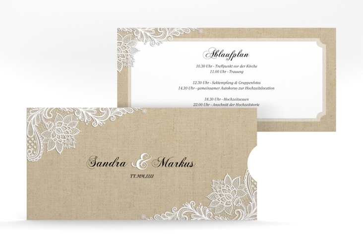 Hochzeitseinladung Lace Einsteckkarte in Leinen-Optik mit weißer Spitze